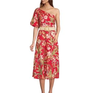 Antonio Melani Rae Linen One Shoulder Short Puff Sleeve Floral Belted Midi Dress